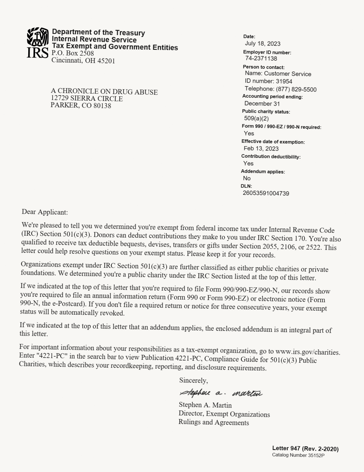 IRS determination letter confirming A Chronicle on Drug Abuse 501(c)(3) tax-exempt status